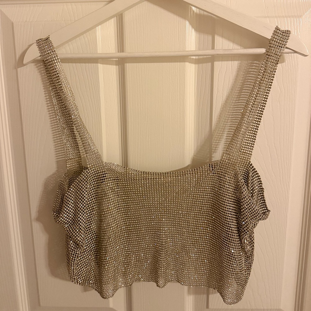 Silver Rhinestone Embellished Women's Crop Top